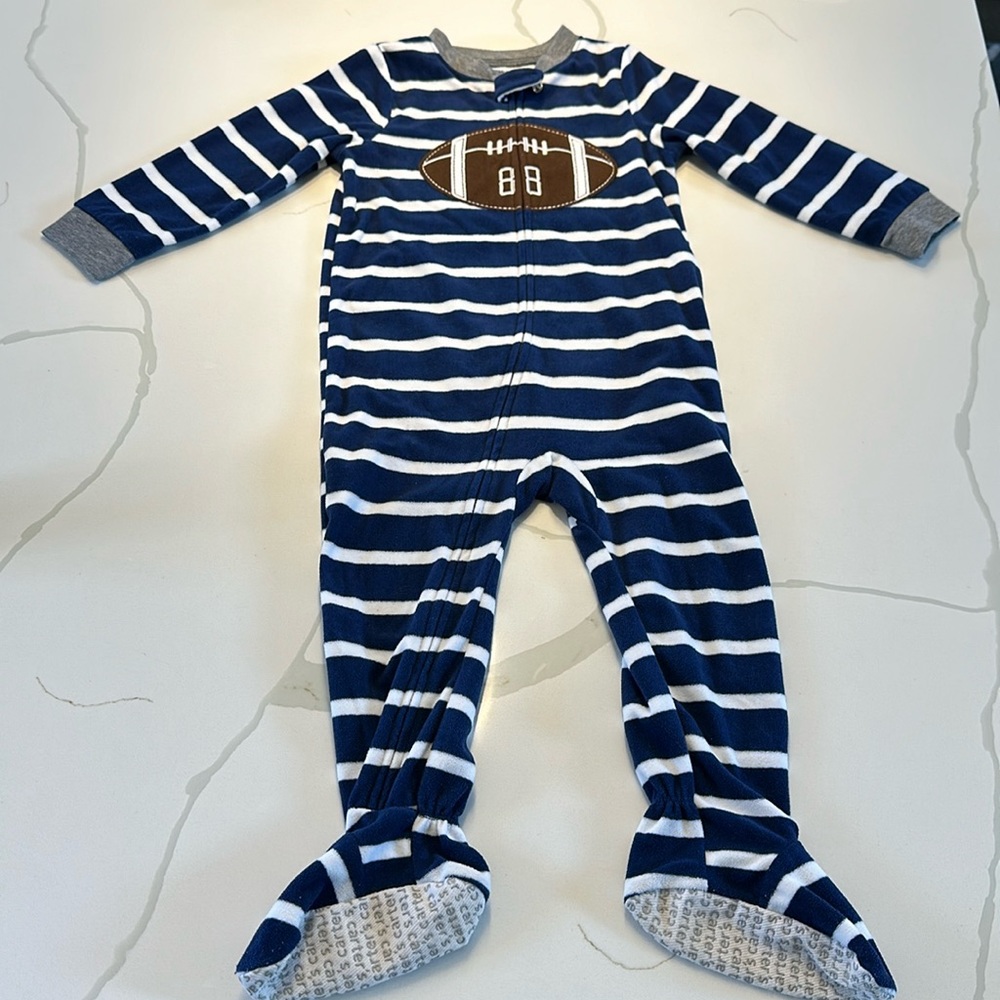 Carter’s footie pajamas navy blue white stripes football size 2T 💙🏈